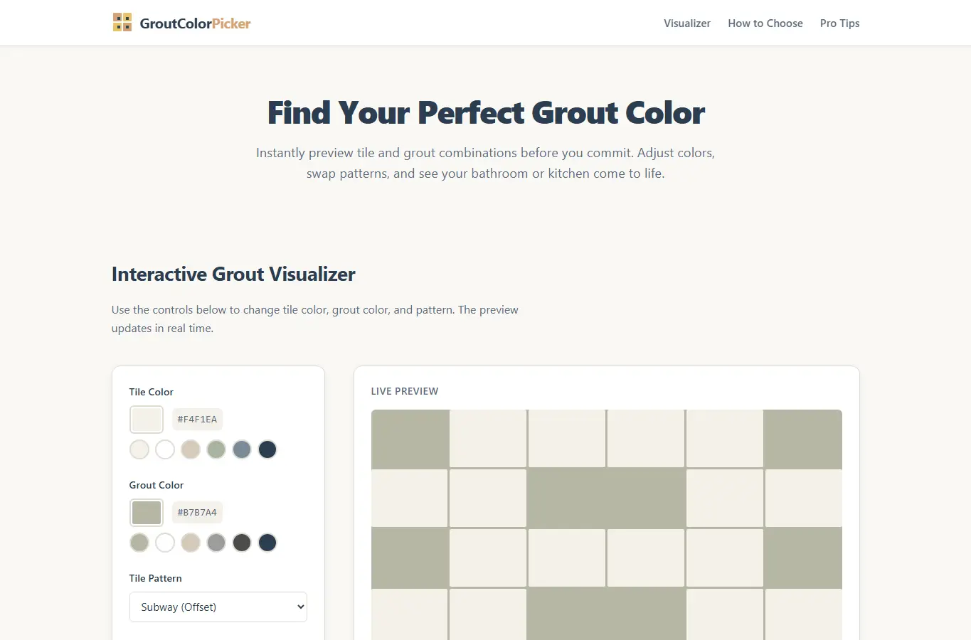 Screenshot of Tile Grout Color Visualizer interface showing the project page in use